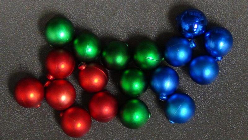 6 red, 6 green and 6 blue Christmas treen ornaments