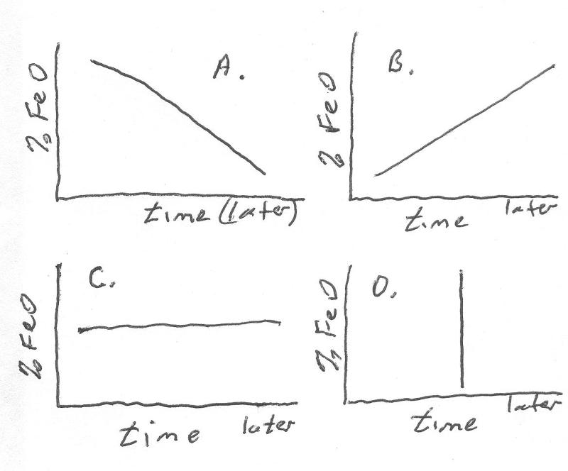 graphs with %FeO on the Y axis, increasing upward, time on the X axis with later to the right. Slope in A is from upper left to lower right, in B is from lower left to upper right, C line is horizontal, D line is veritcal